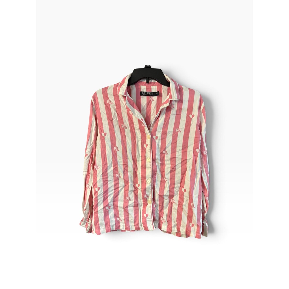 Lauren Ralph Lauren Womens Pink White Striped Heart Monogram Pajama Top Medium